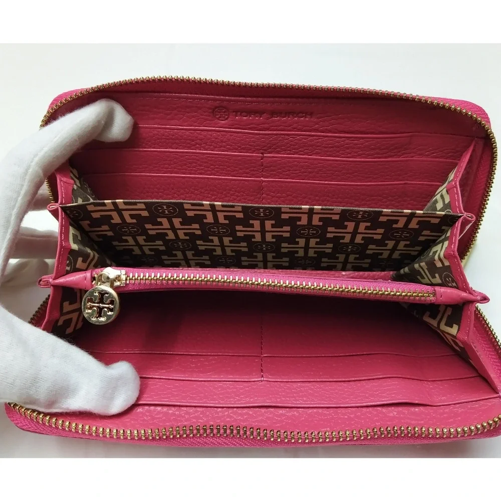 Tory Burch Pink Pebbled Leather Zip Around Credit Card Wallet